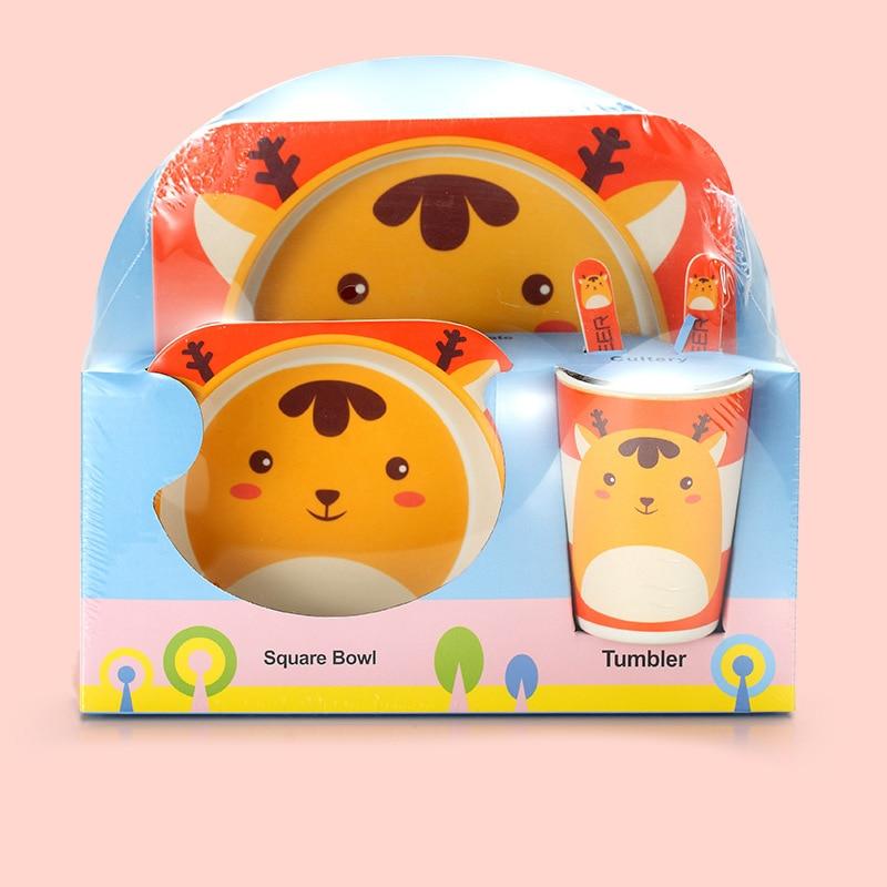 Fidtoy Vajilla de Bambú para Niños – Juego de 5 Piezas Plato Cuenco Taza Cuchara Tenedor para Niños Pequeños