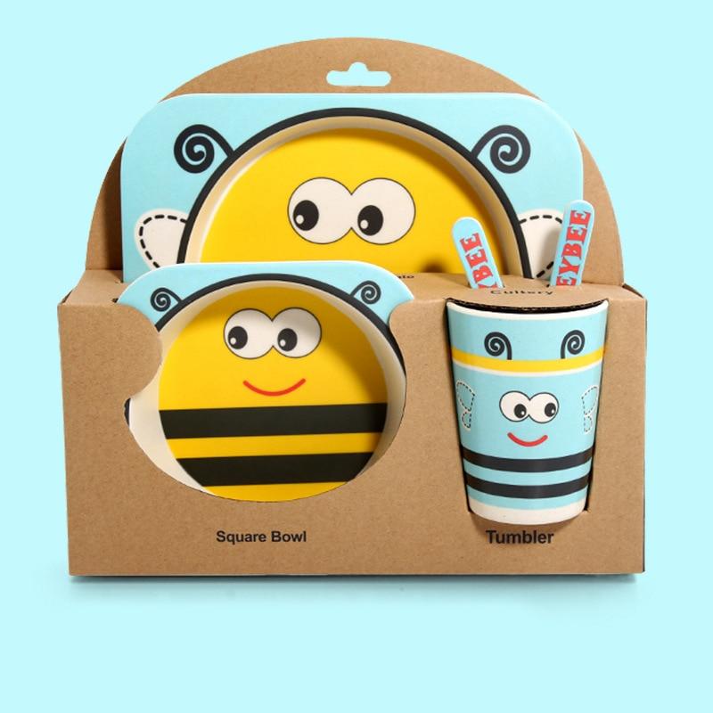 Fidtoy Vajilla de Bambú para Niños – Juego de 5 Piezas Plato Cuenco Taza Cuchara Tenedor para Niños Pequeños
