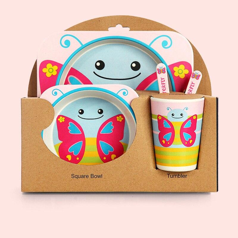 Fidtoy Vajilla de Bambú para Niños – Juego de 5 Piezas Plato Cuenco Taza Cuchara Tenedor para Niños Pequeños