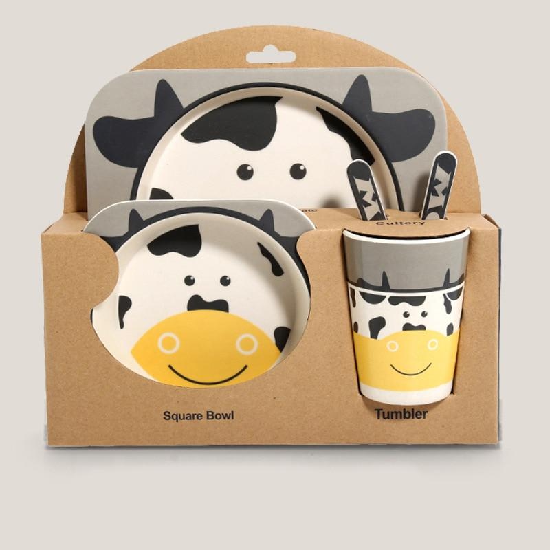Fidtoy Vajilla de Bambú para Niños – Juego de 5 Piezas Plato Cuenco Taza Cuchara Tenedor para Niños Pequeños