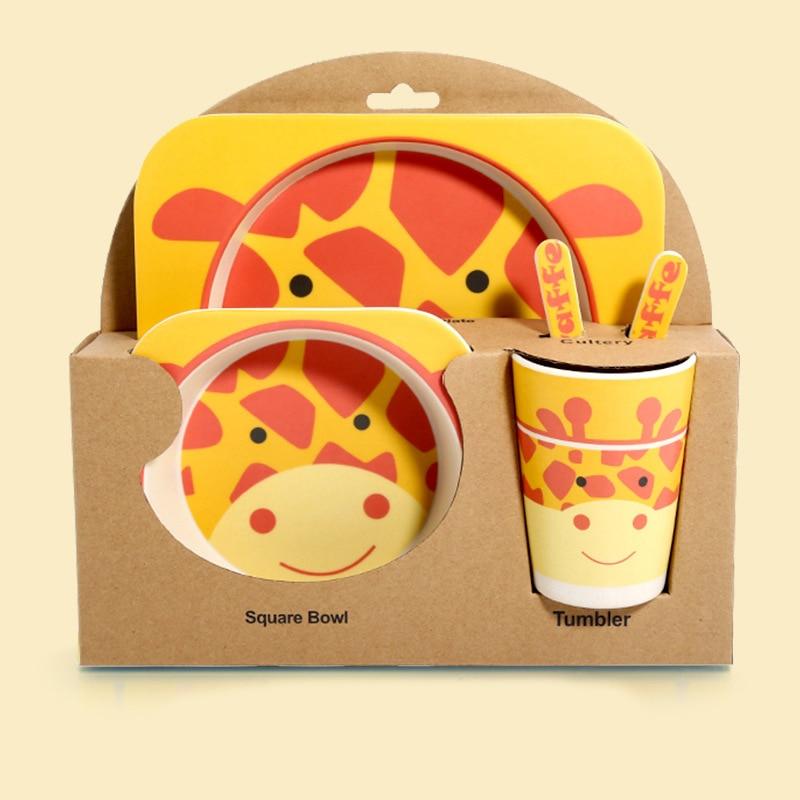 Fidtoy Vajilla de Bambú para Niños – Juego de 5 Piezas Plato Cuenco Taza Cuchara Tenedor para Niños Pequeños