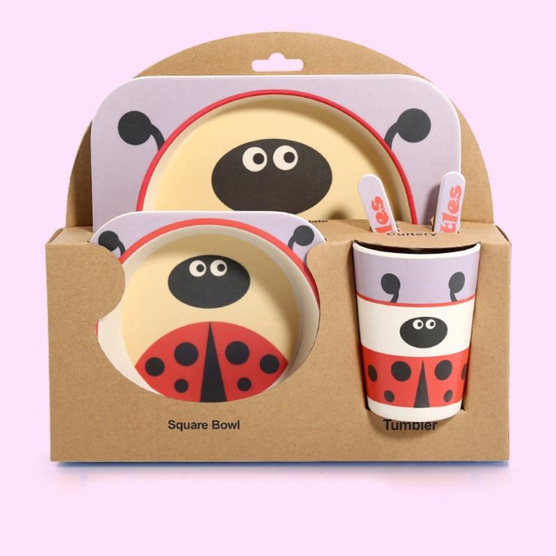 Fidtoy Vajilla de Bambú para Niños – Juego de 5 Piezas Plato Cuenco Taza Cuchara Tenedor para Niños Pequeños