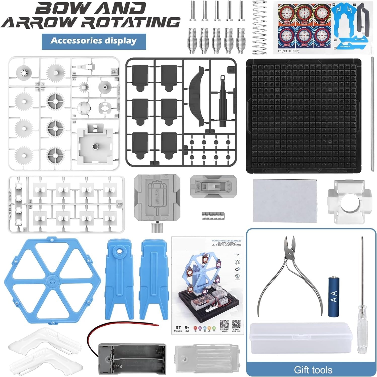 Fidtoy STEAM Machinery Bow and Arrow Rotating Circuit Kit for Kids Ages 8+, ABS Plastic STEM Assembly Shooting Target Toy with Gears and Circuit Learning