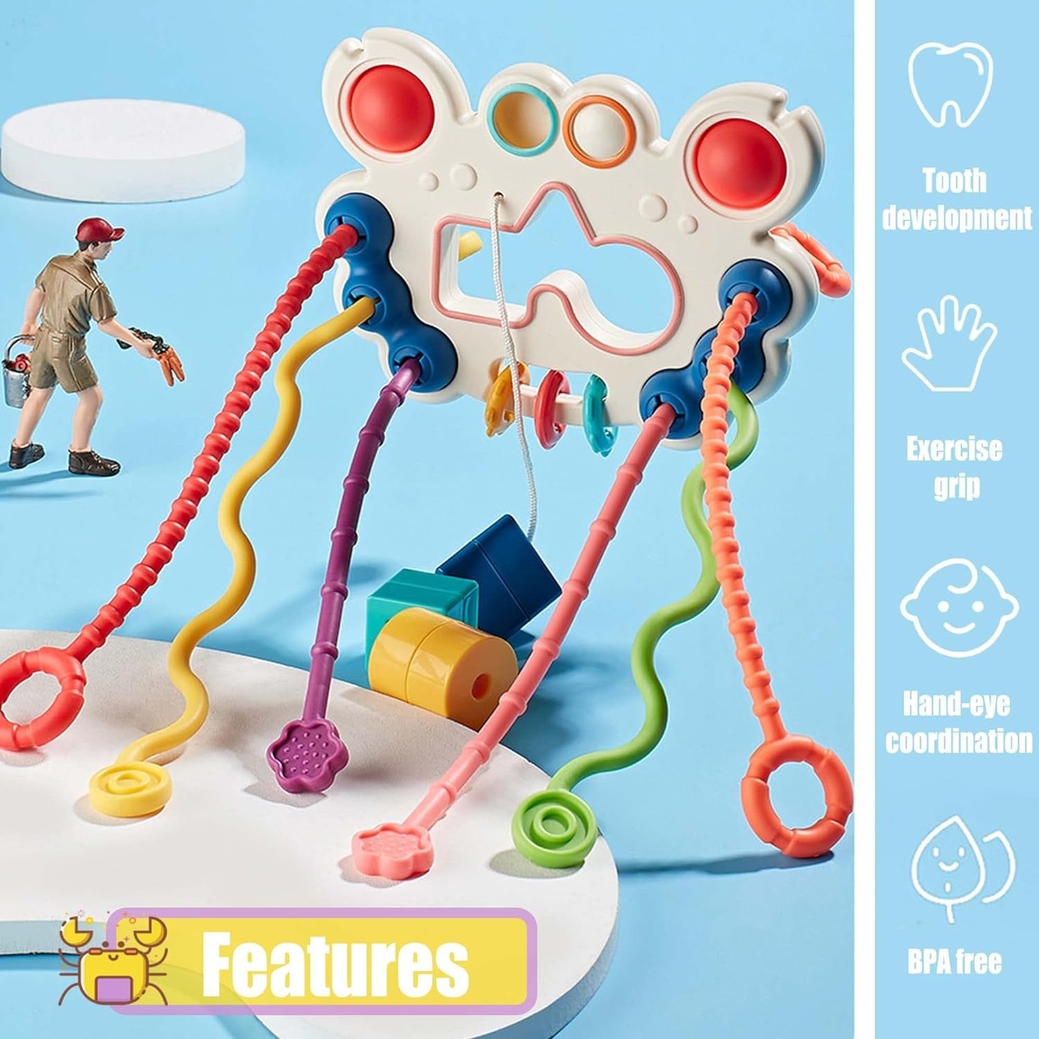 Fidtoy 5-in-1 Pull String Motor Skills and Sensory Activity Toy for Babies, Crab-Shaped Silicone Pull Toy with Press Buttons, Textures, Fine Motor and Travel Play Age 0–2