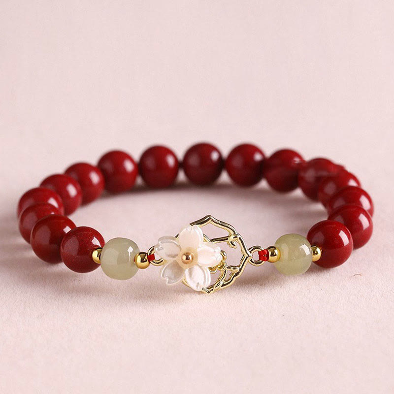 Buddha Stones Natural Cinnabar Jade Beaded Tridacna Stone Flower Blessing Bracelet Bracelet BS main