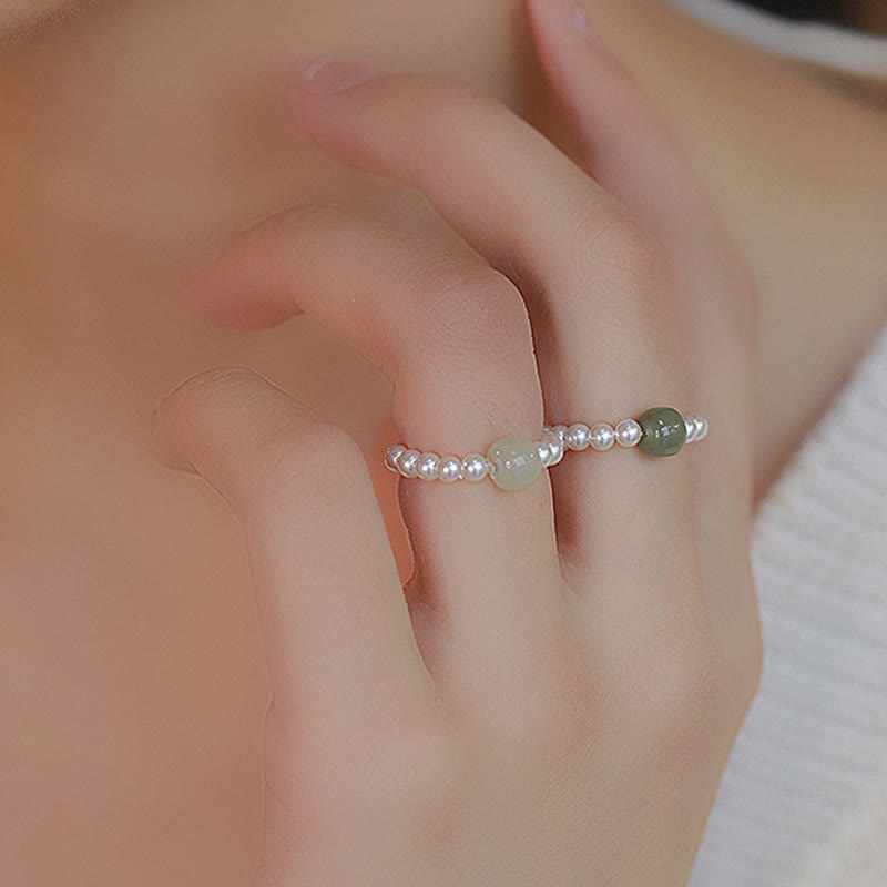 Buddha Stones Round Jade Pearl Beads Luck Ring 5
