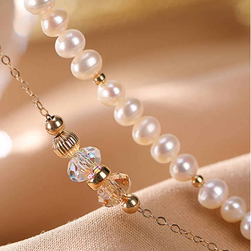 Buddha Stones 925 Sterling Silver 14K Gold Plated Natural Pearl Crystal Healing Double Layer Bracelet Bracelet BS 4