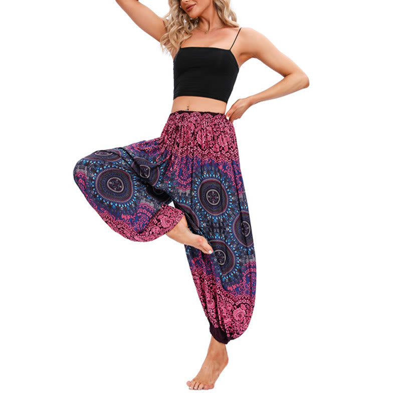 Buddha Stones Casual Loose Compass Pattern Harem Trousers Women's Yoga Pants Women's Harem Pants BS Rose Red(Waist 60-95cm/Hips 170cm/Length 98cm)