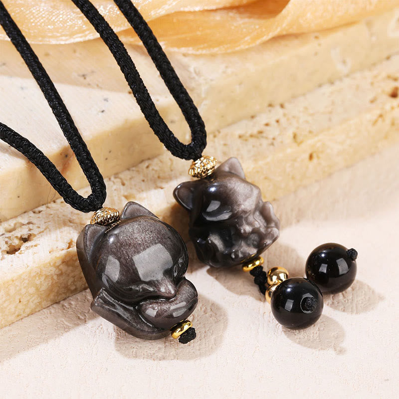 Buddha Stones Natural Silver Sheen Obsidian Nine Tailed Fox Protection Necklace Pendant Necklaces & Pendants BS 1