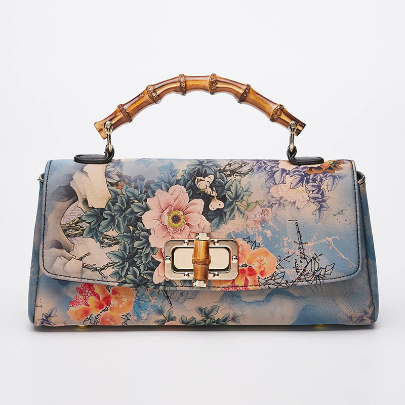 Buddha Stones Flower Pattern Bamboo Handle Metal Chain Crossbody Bag Handbags Crossbody Bag&Handbags BS 1