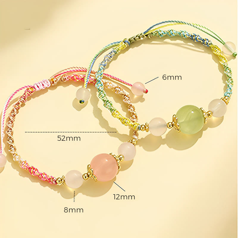 Buddha Stones Strawberry Quartz Pink Crystal Prehnite White Agate Bead Healing Rope Bracelet 17