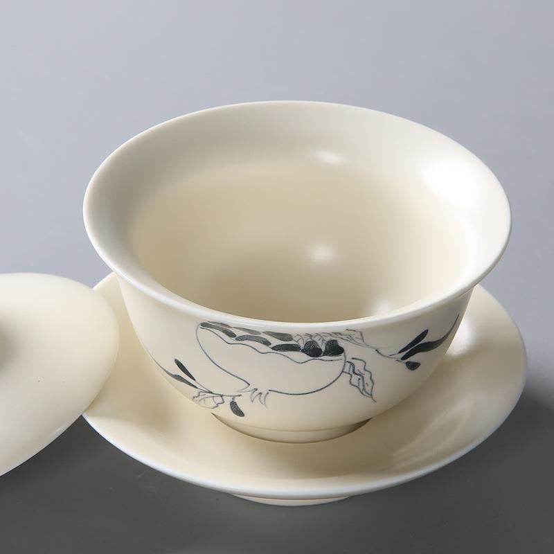 Buddha Stones Hand Painted Pomegranate Hibiscus Pine Lotus Ceramic Gaiwan Sancai Teacup Kung Fu Tea Cup And Saucer With Lid Cup BS 1