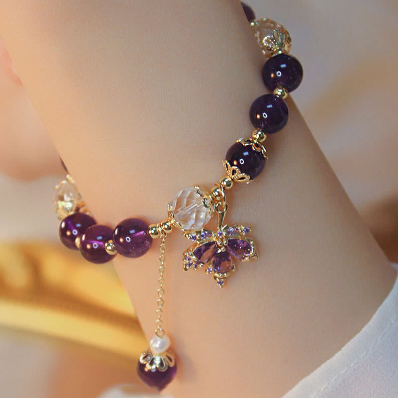 Buddha Stones 14k Gold Plated Natural Amethyst Healing Maple Leaf Charm Bracelet Bracelet BS 1