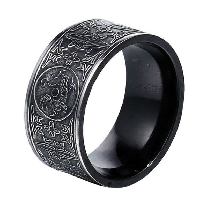Buddha Stones Four Guardian Beast Dragon White Tiger Suzaku Basalt Carved Success Luck Ring Ring BS Black US13