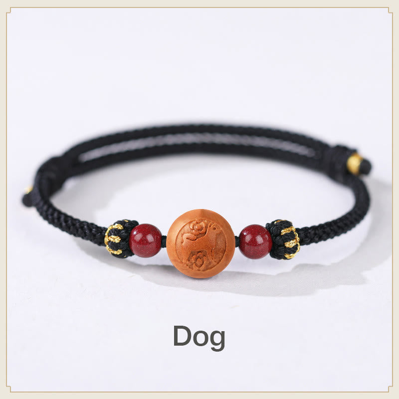Buddha Stones Natural Peach Wood Chinese Zodiac Fu Character Carved Cinnabar Wealth Bracelet Bracelet BS Dog-Black(Wrist Circumference 14-22cm)