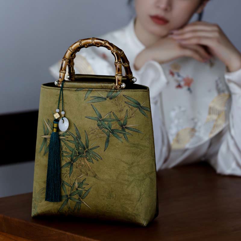 Buddha Stones Yellow Green Bamboo Leaves Bamboo Handles Handbag Handbags BS 8