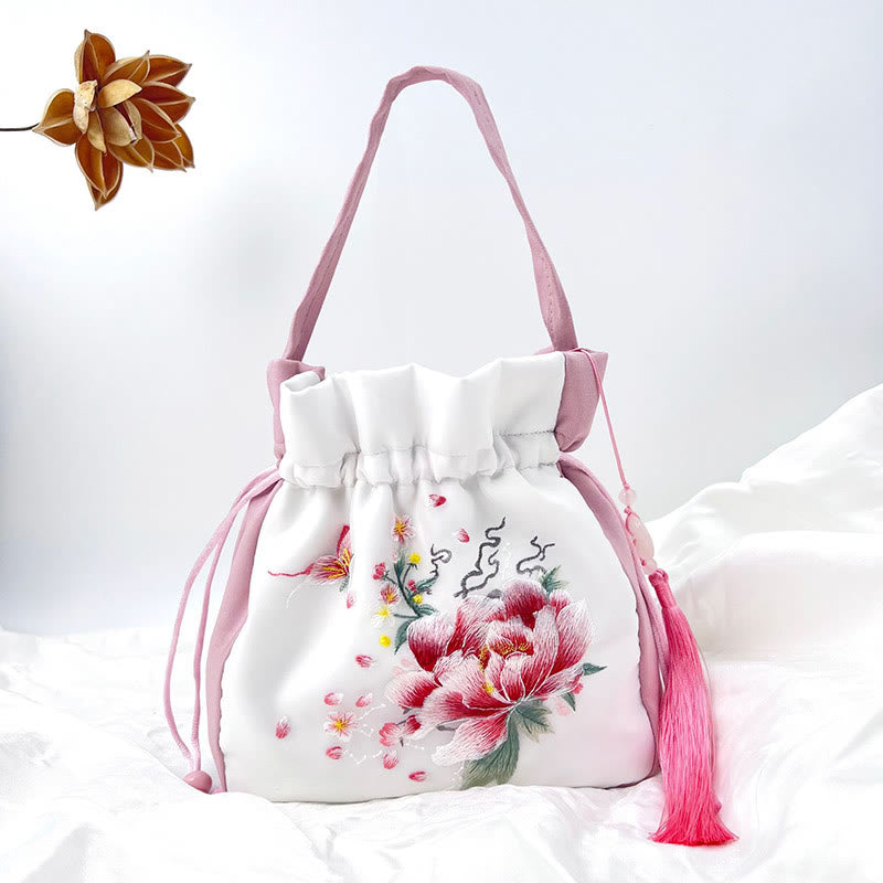 Buddha Stones Suzhou Embroidery Rabbit Lotus Epiphyllum Peony Magnolia Silk Tote Crossbody Bag Shoulder Bag Handbag Crossbody Bag BS Light Pink White Peony 20*20*7cm