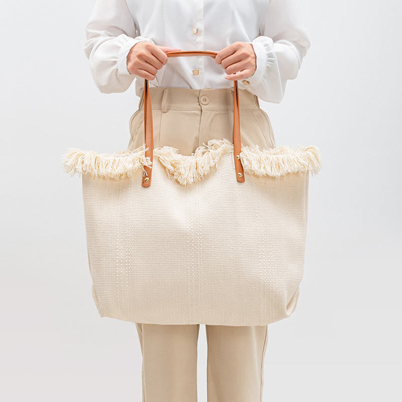 Buddha Stones Large Capacity Solid Color Tassel Canvas Tote Shoulder Bag Shoulder Bag BS 11