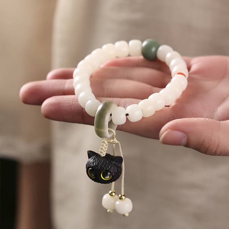Buddha Stones Natural Bodhi Seed African Blackwood Lovely Cat Charm Peace Harmony Bracelet Bracelet BS 3