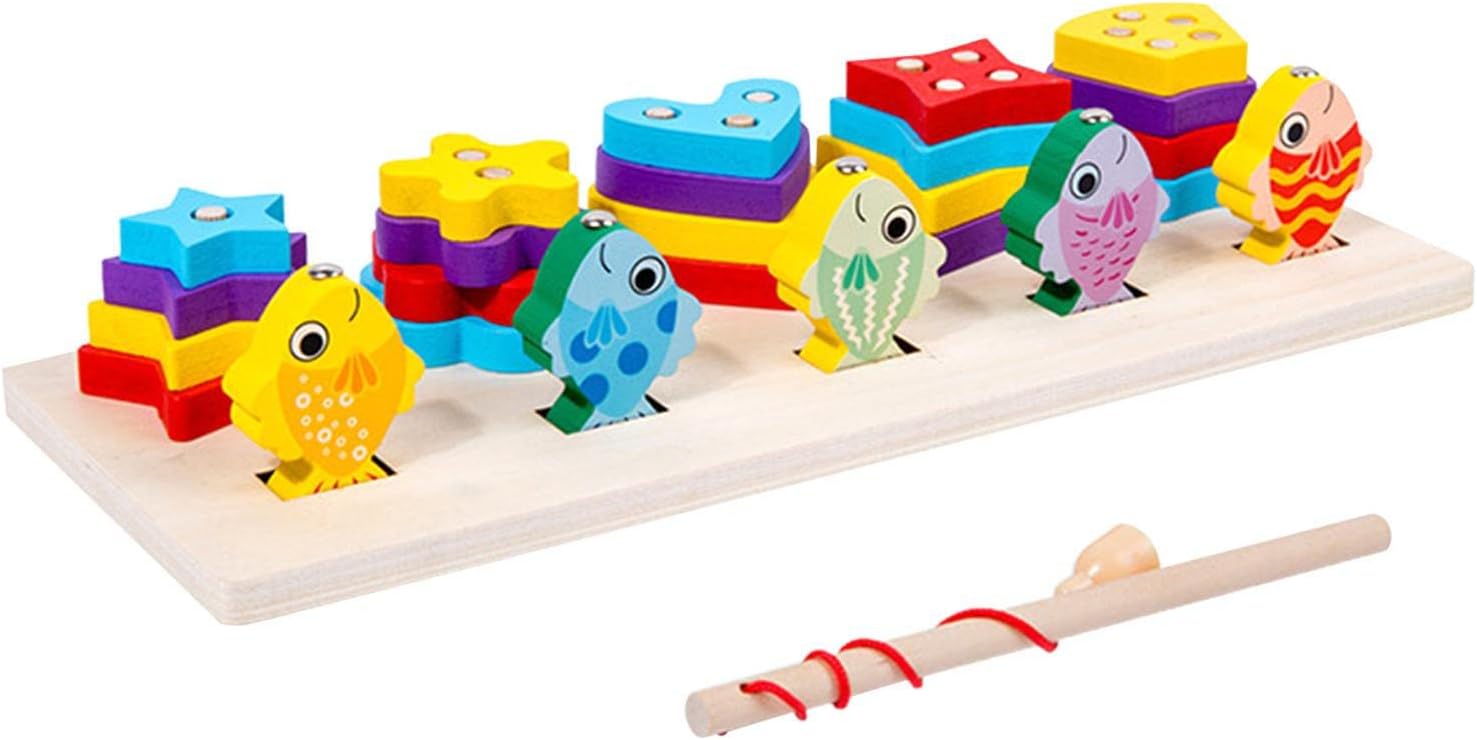 Fidtoy Wooden Magnetic Fishing Shape Sorter Board for Toddlers Fine Motor Color Matching Toy Age 2-6