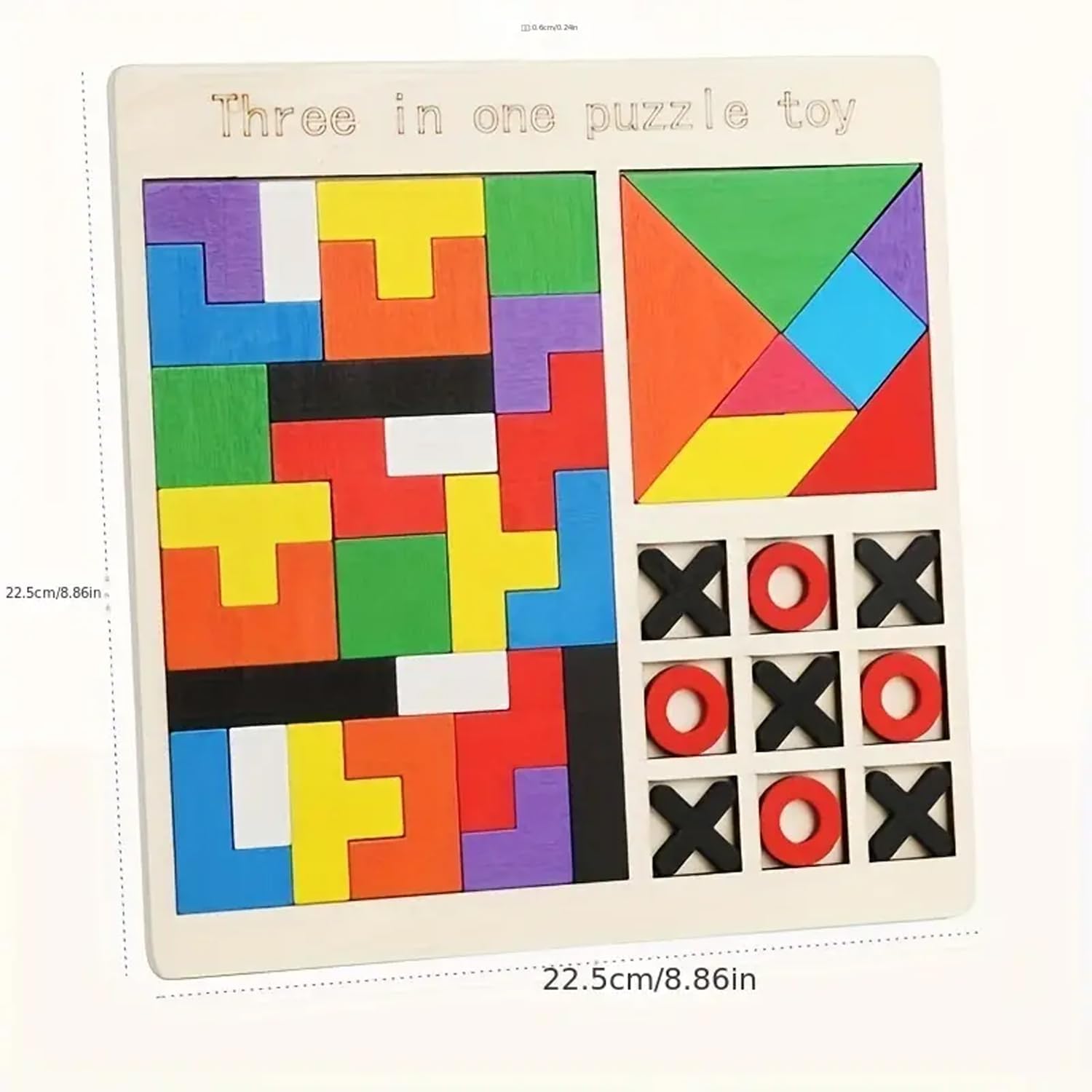 Fidtoy 3-in-1 Wooden Brainstorming Tetris and Number Learning Board for Kids, Wooden Puzzle Board with Block Puzzle, Tangram and Tic-Tac-Toe, Fine Motor and Strategy Toy Age 2–6