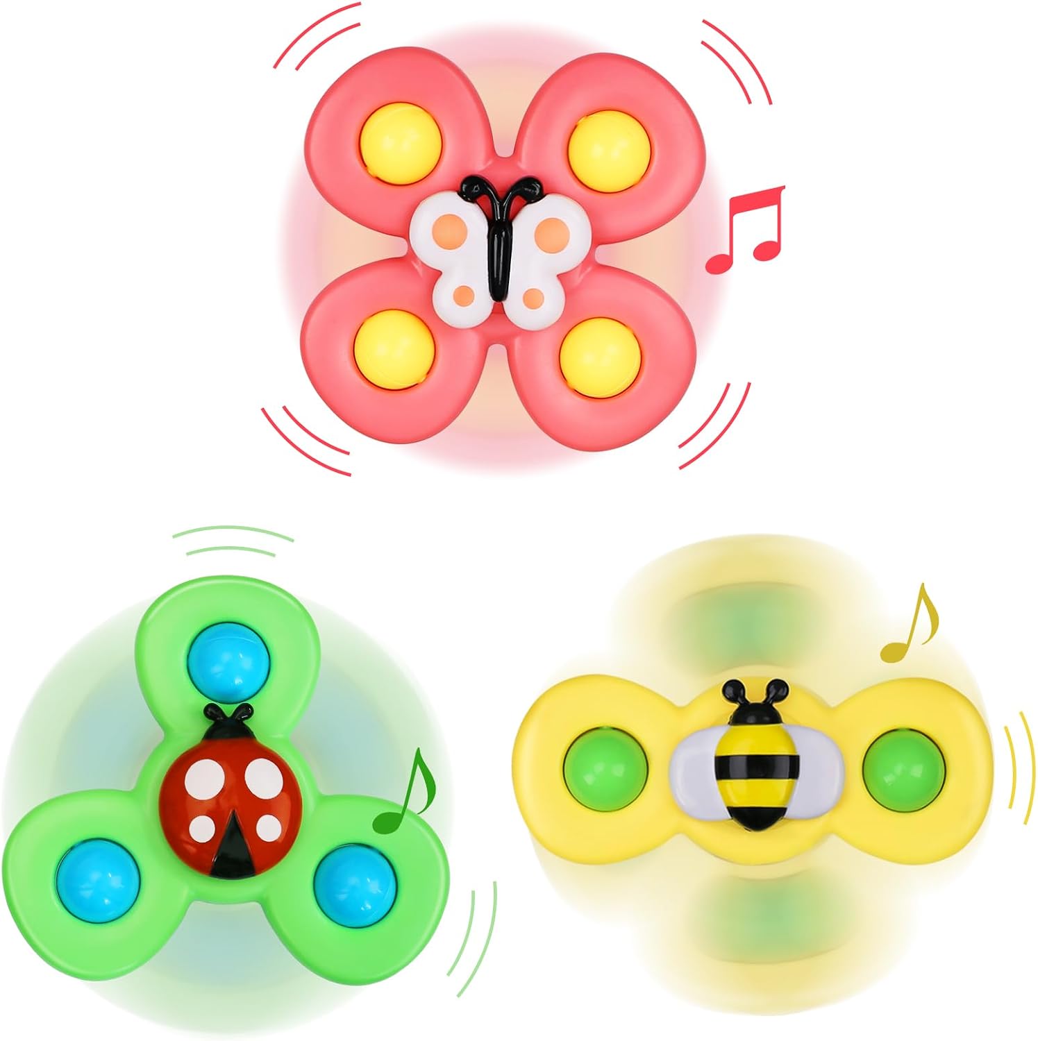Fidtoy Suction Cup Activity Spinner Toy 3 Pieces for Babies 0-2, Colorful Insect Sensory Spinner Toys with Suction Cup Base, Plastic Round Tabletop Bath Travel Toy