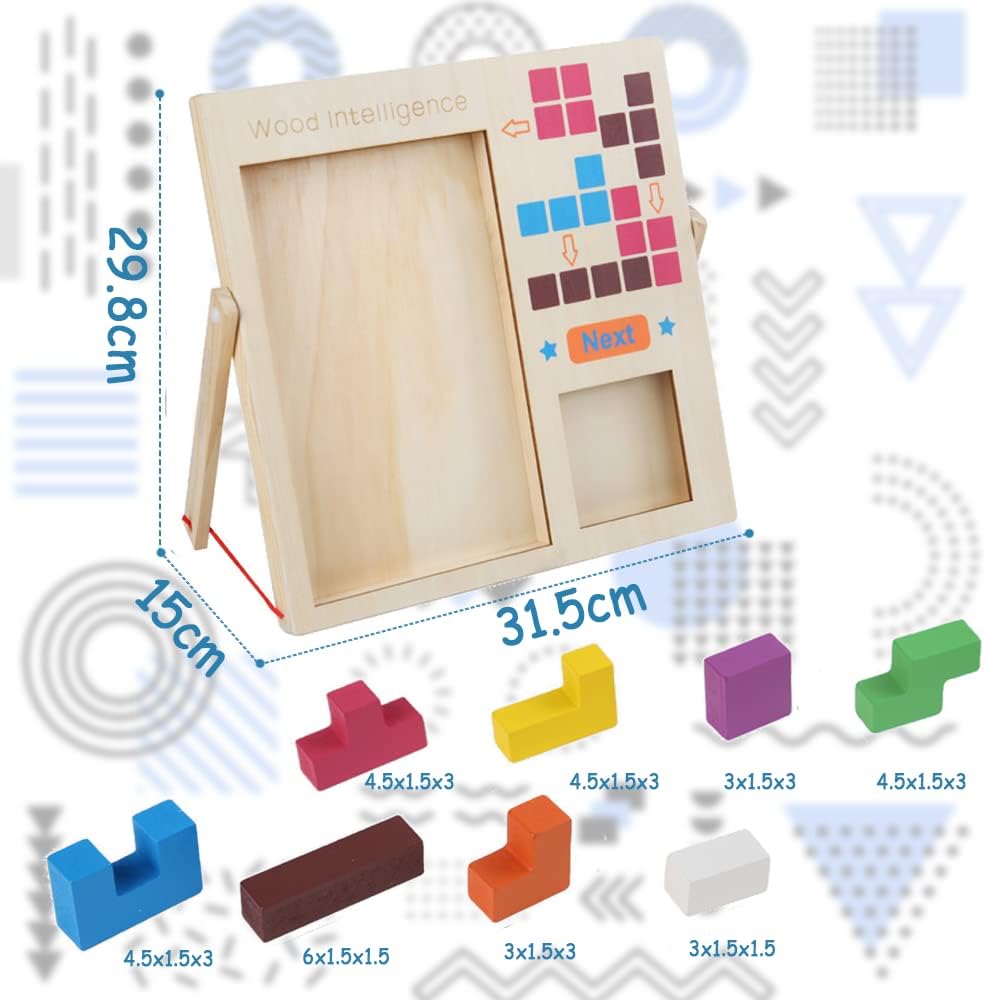 Fidtoy Wooden Tetris Cube Puzzle Blocks, 40 Piece Wooden Tetris-Style Puzzle with Puzzle Box, Shape Sorting Brain Teaser for Spatial Reasoning and Creative Building Ages 3+