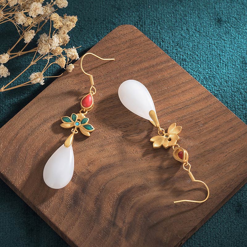 Buddha Stones FengShui White Jade Luck Drop Earrings Earrings BS 2