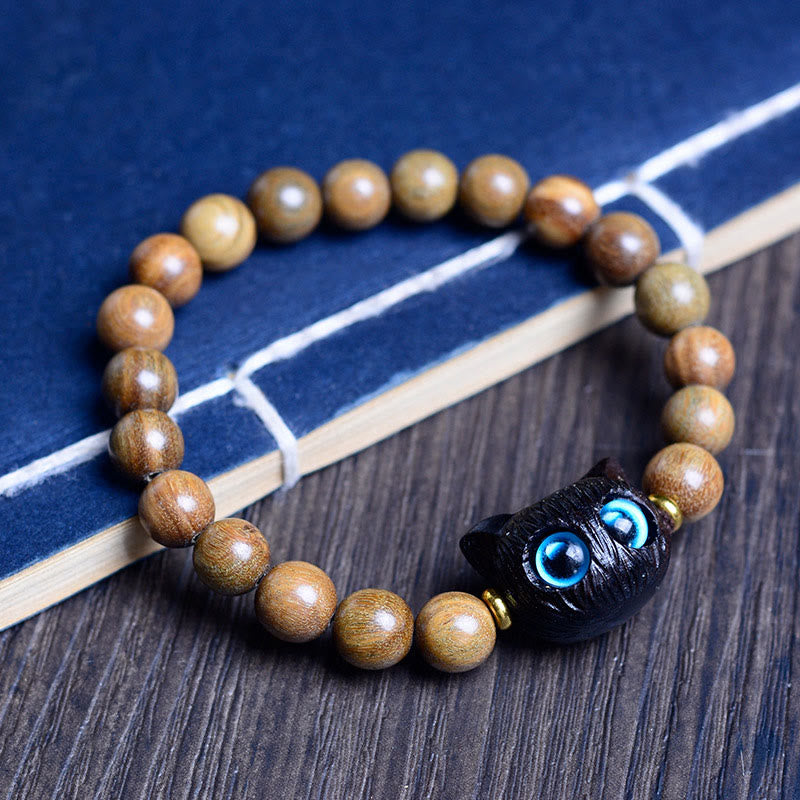 Buddha Stones Ebony Wood Green Sandalwood Red Sandalwood Lovely Cat Balance Bracelet Bracelet BS Red Sandalwood Cat 8mm*20 Beads(Wrist Circumference 14-16cm)