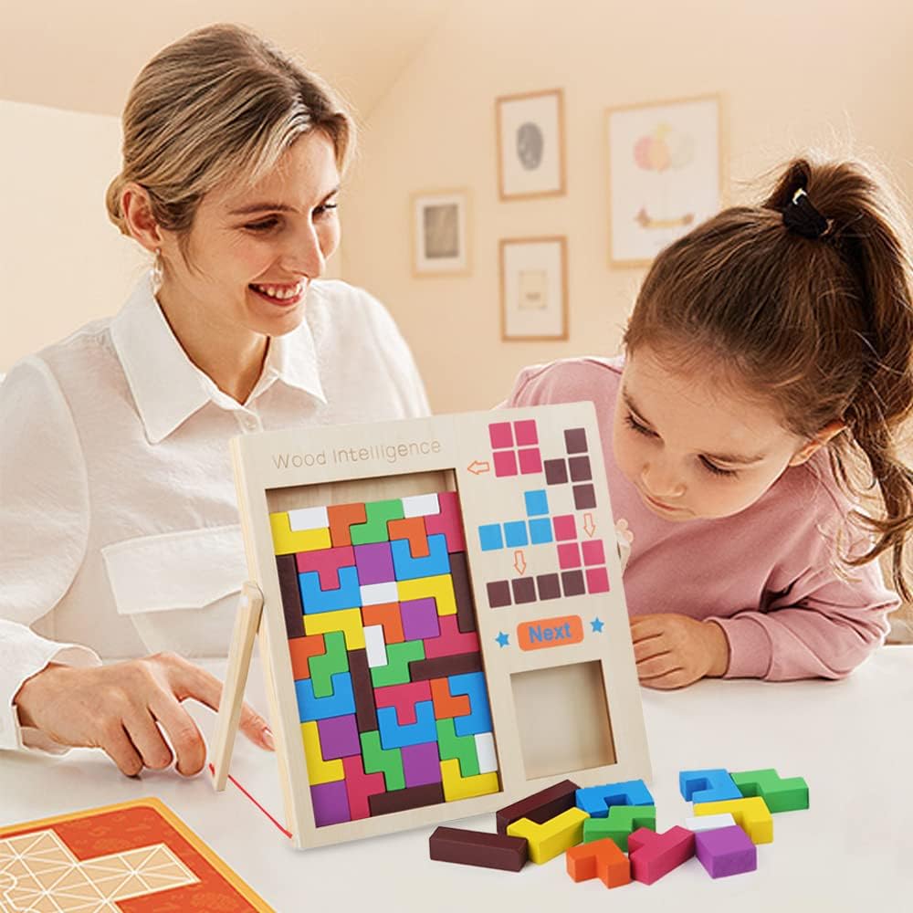 Fidtoy Wooden Tetris Cube Puzzle Blocks, 40 Piece Wooden Tetris-Style Puzzle with Puzzle Box, Shape Sorting Brain Teaser for Spatial Reasoning and Creative Building Ages 3+