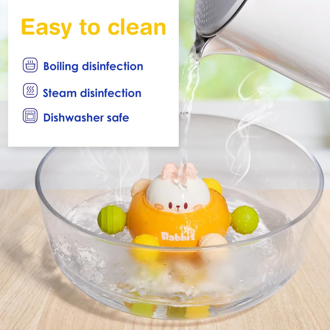 Fidtoy Jouet de dentition et hochet 3-en-1 en silicone pour bébé, hochet lapin pour bébés de 6 mois et plus, jouet à mâcher texturé pour les voyages, le jeu en poussette et le développement sensoriel précoce