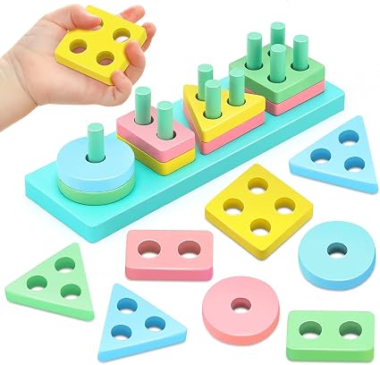 Fidtoy Wooden Four Columns Shape Sorting Kit 17-Piece Color Sorting Stacking Blocks Toy for Kids Ages 2 to 6