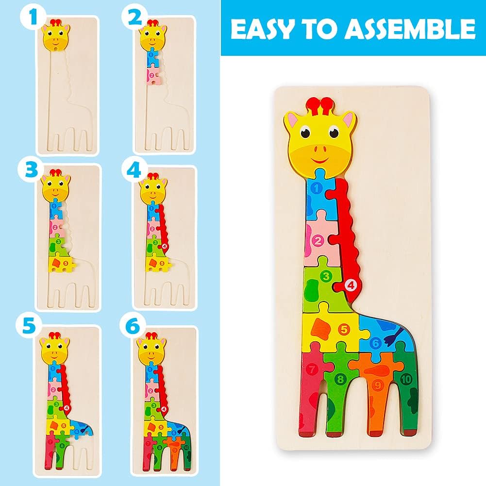 Fidtoy Puzzle en bois 3D Girafe, Jouet pour l'apprentissage des animaux et le développement de la motricité fine pour les enfants de 2 à 6 ans