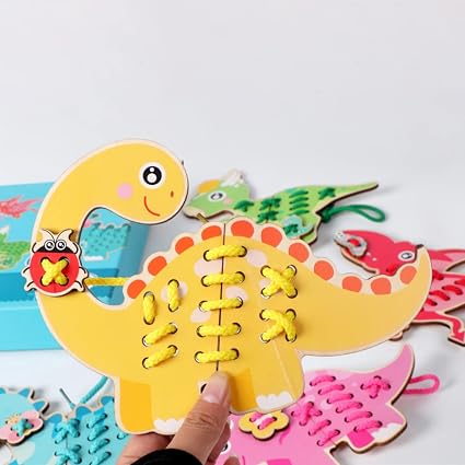 Fidtoy Wooden Dinosaur Threading Toy for Kids | Montessori Lacing Cards, Hand-Eye Coordination, Fine Motor Skills & Preschool Sewing Activity Toy Age 2-6