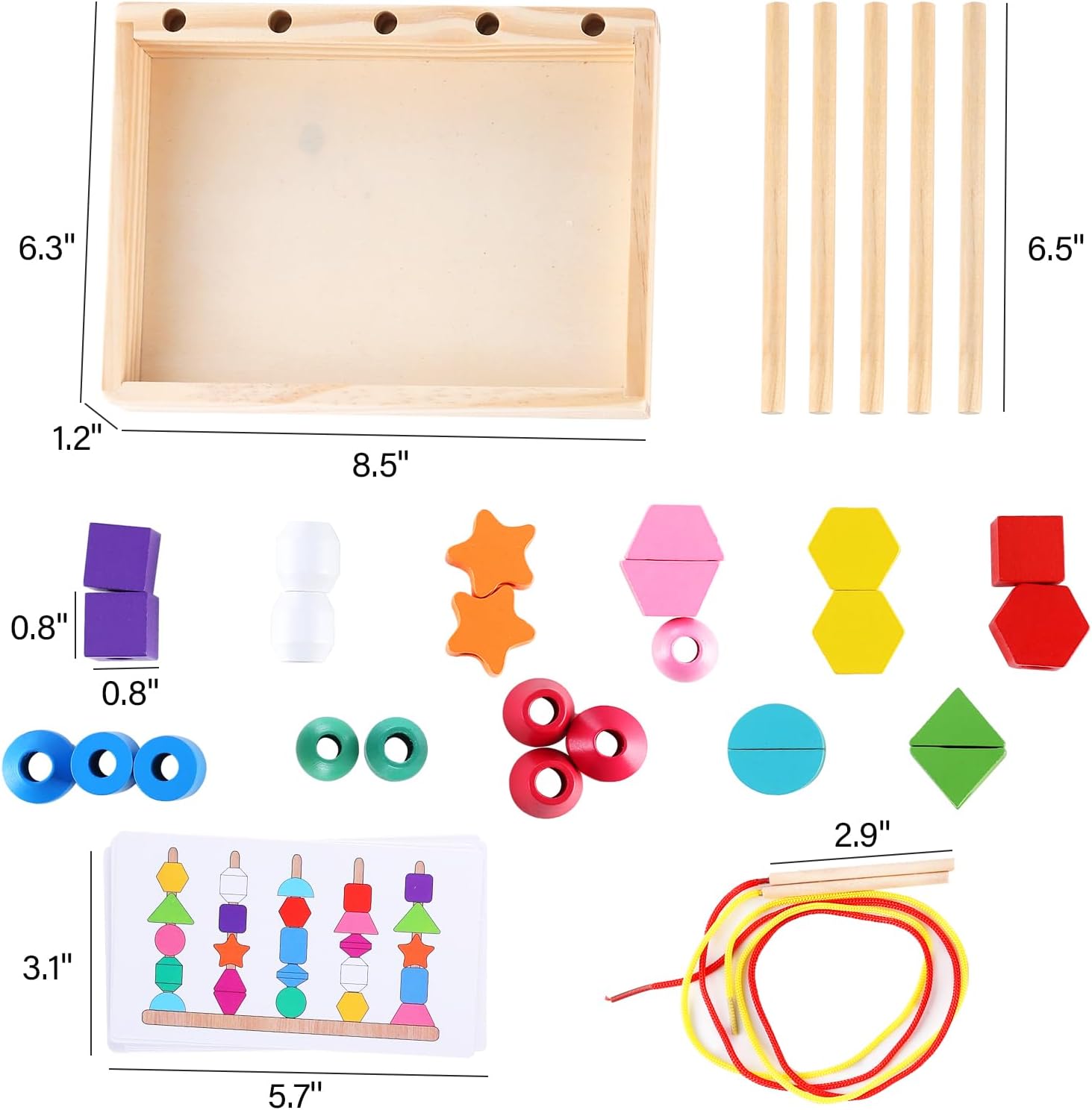 Fidtoy Montessori Juego de emparejar formas de madera, juguete de secuencia y enhebrado para niños pequeños