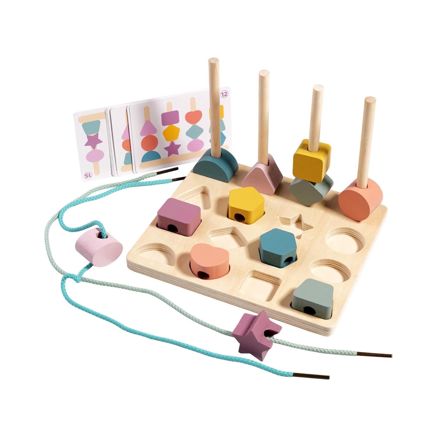 Fidtoy Wooden Montessori Shapes Stacking Sequence with Lacing Bead Sorting Fine Motor Toy for Kids Ages 2 to 6