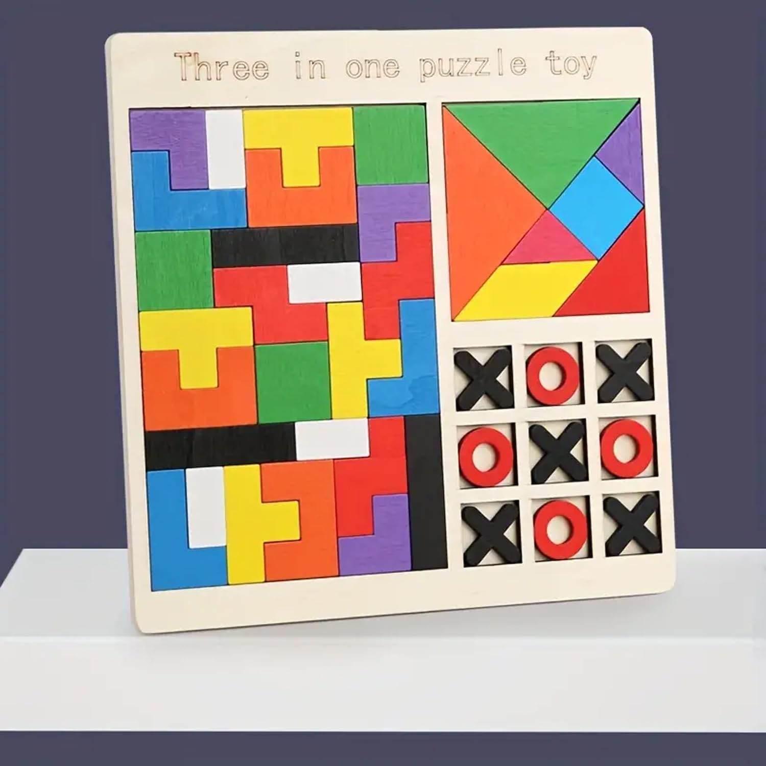 Fidtoy 3-in-1 Wooden Brainstorming Tetris and Number Learning Board for Kids, Wooden Puzzle Board with Block Puzzle, Tangram and Tic-Tac-Toe, Fine Motor and Strategy Toy Age 2–6