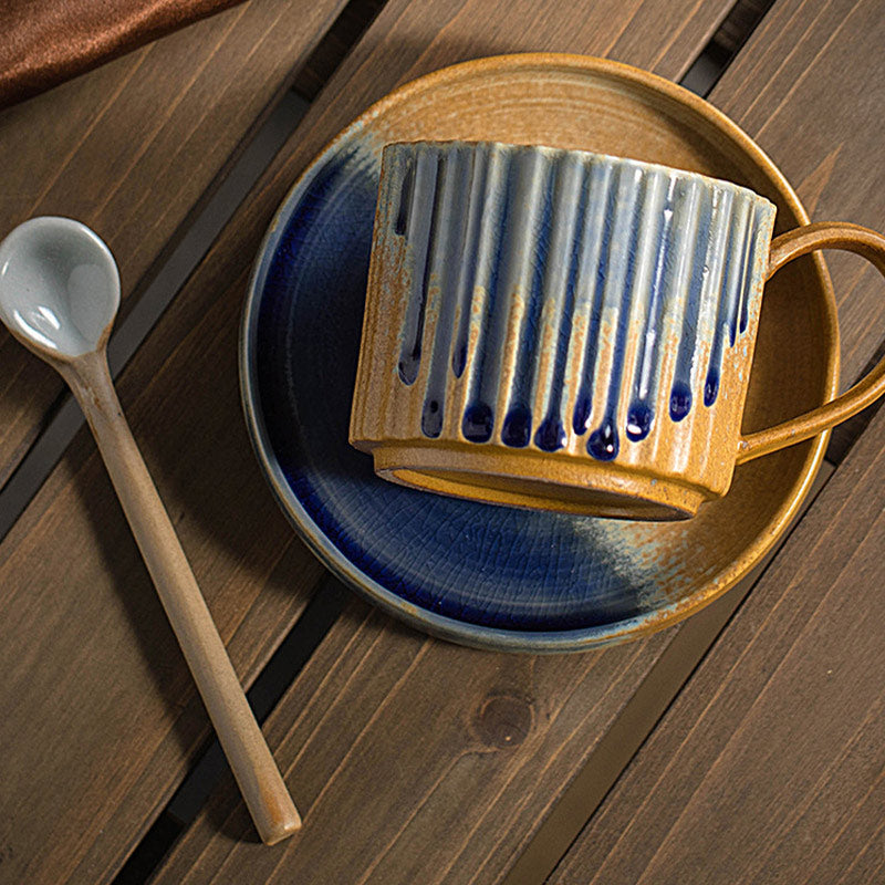 Buddha Stones Retro Striped Kiln Change Ceramic Coffee Mug Rough Pottery Tea Coffee Cup With Saucer 250ml Coffee Mug BS 9