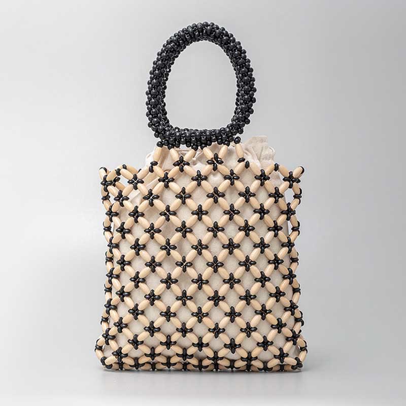 Buddha Stones Hand-woven Lozenge Wooden Beads Handbag Handbags BS Cream Yellow 23*23*2.5cm