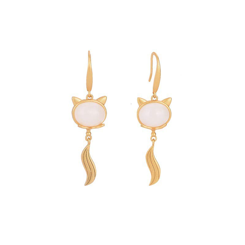 Buddha Stones FengShui White Jade Fox Fortune Earrings Earrings BS White Jade