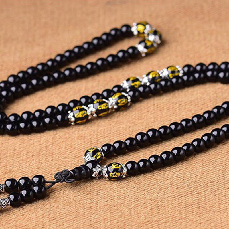 Buddha Stones Black Obsidian Six True Words Protection Mala Bracelet Mala Bracelet BS 7