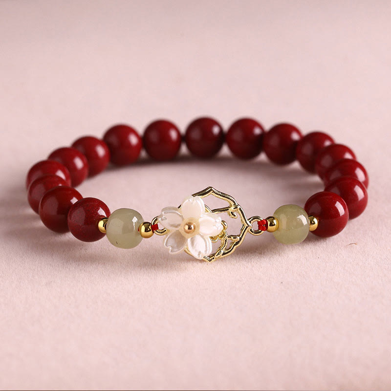Buddha Stones Natural Cinnabar Jade Beaded Tridacna Stone Flower Blessing Bracelet Bracelet BS Cinnabar 8mm(Wrist Circumference 18cm)