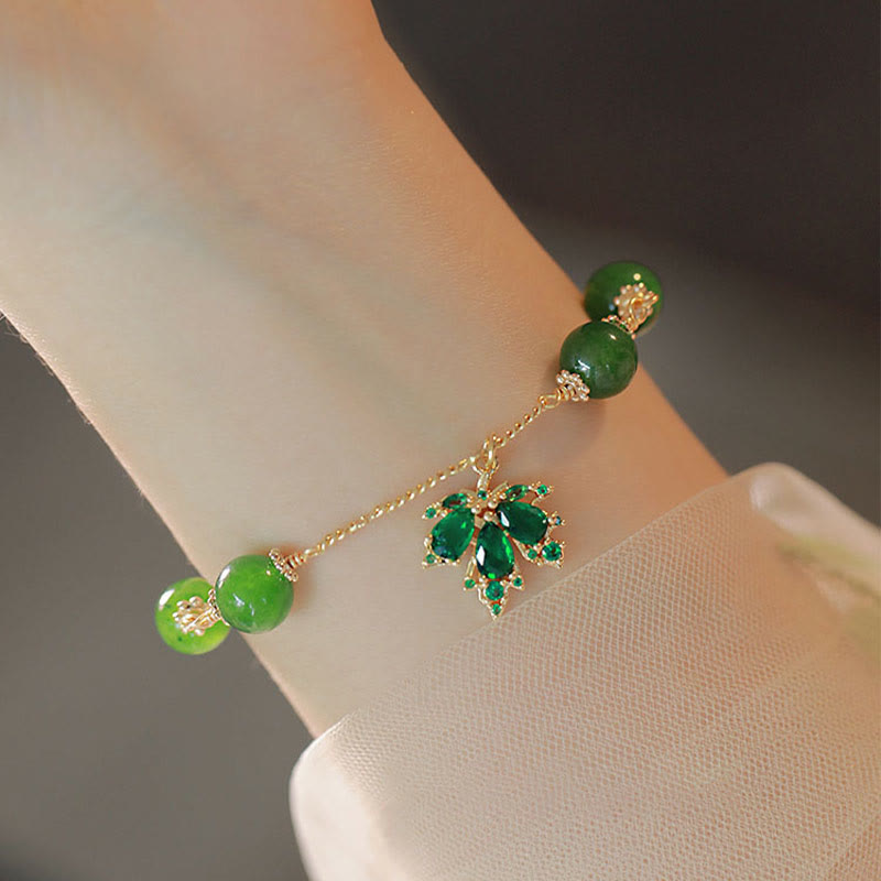 Buddha Stones 14k Gold Plated Green Chalcedony Maple Leaf Courage Strength Bracelet Bracelet BS Green Chalcedony(Strength♥Courage)