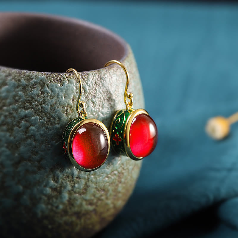 Buddha Stones Round Red Corundum Confidence Hook Drop Dangle Earrings Earrings BS 1