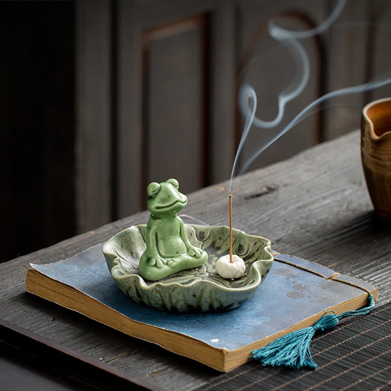 Buddha Stones Leaf Meditation Frog Pattern Healing Ceramic Incense Burner Decoration Incense Burner BS 6