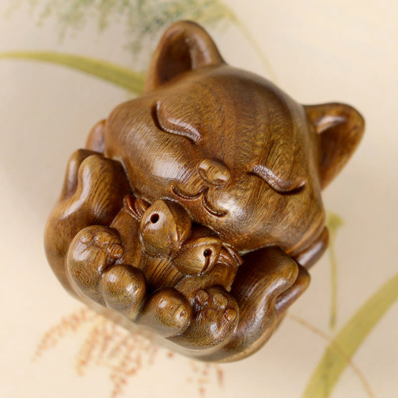 Buddha Stones Mini Nine-Tailed Fox Ivory Fruit Sandalwood Green Sandalwood Blessing Decoration Decorations BS 17