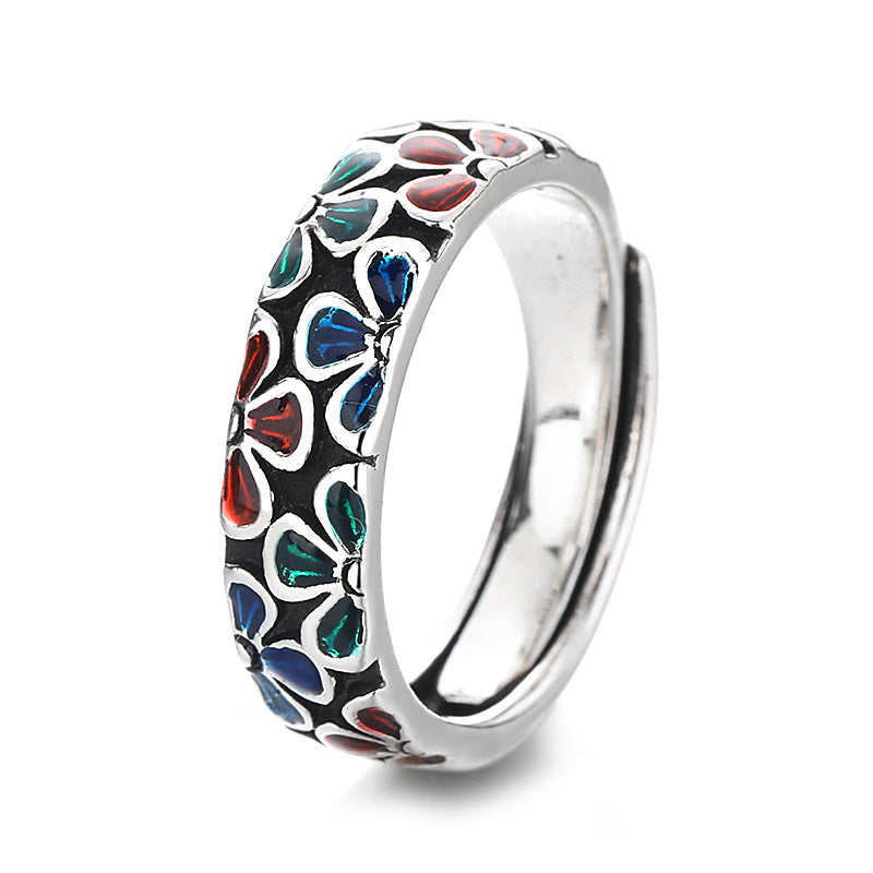 Buddha Stones Colorful Plum Blossoms Design Healing Copper Adjustable Ring Ring BS 3