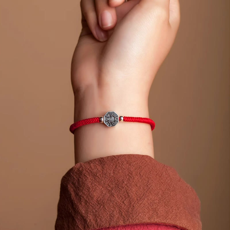 Buddha Stones 925 Sterling Silver Yin Yang Bagua Symbol Cinnabar String Concentration Bracelet Bracelet BS 3