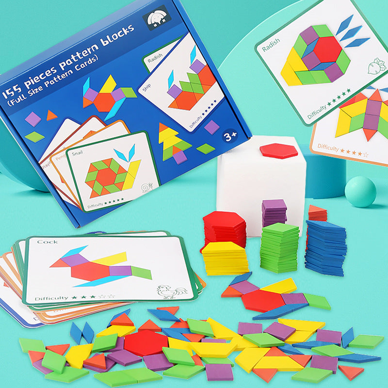 Fidtoy 155-Piece Wooden Pattern Blocks Puzzle for Kids – STEM Learning Toy, Montessori Early Education, Colorful Geometric Shapes