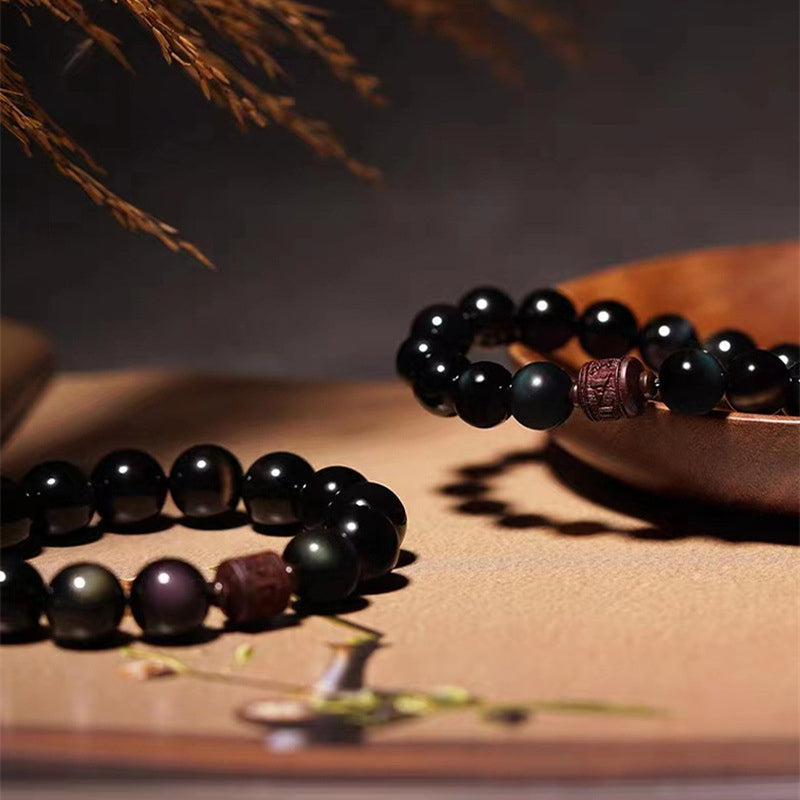 Buddha Stones Natural Gold Sheen Obsidian Rainbow Obsidian Om Mani Padme Hum Fu Character Healing Bracelet Bracelet BS 34